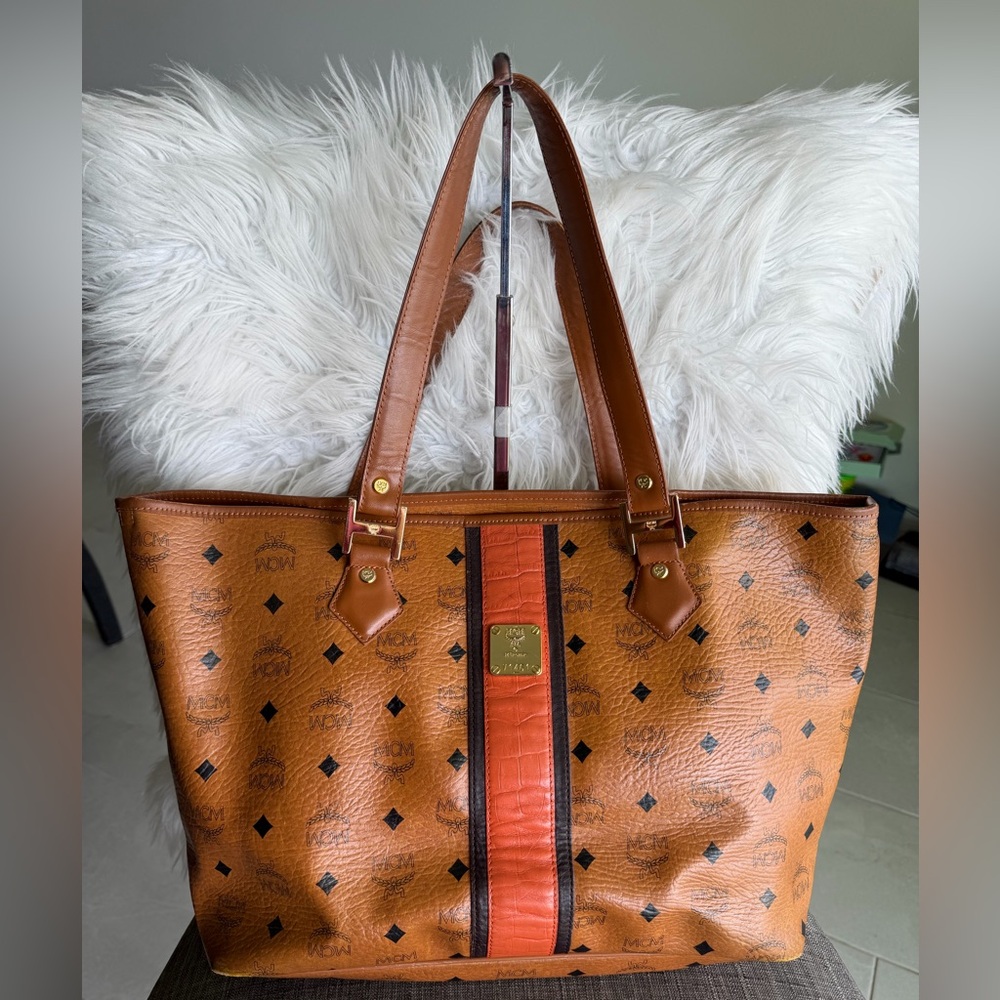 MCM Cognac Logo Tote with Red Accent